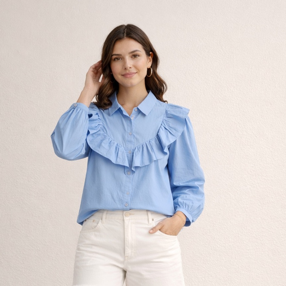 NWT Zara Ruffle Button Up Top Blue Women’s Size 10  Ballon Sleeve blouse